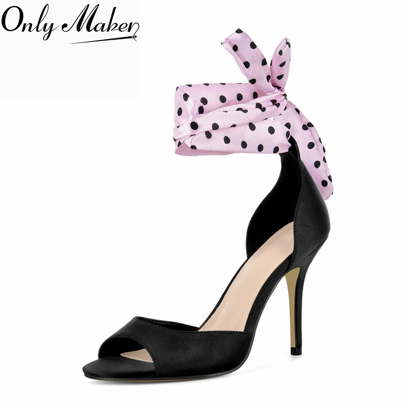 Ribbon Tie Heel - Onlymaker Polka Dot Satin High Heel