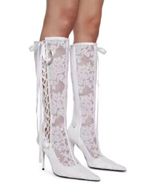 Ribbon Tie Heel - New Women White Black Solid Lace