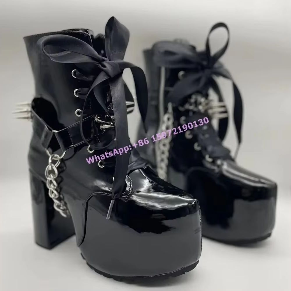 Ribbon Tied Rivet Black Boots  - Ribbon Tie Heel recension och pris