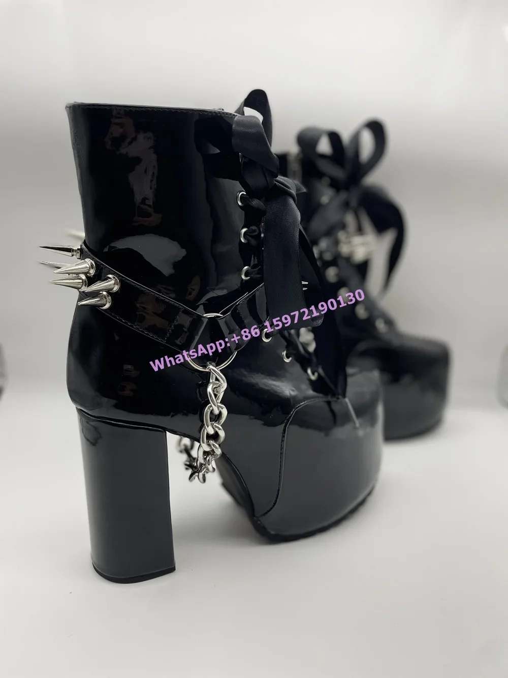 Ribbon Tied Rivet Black Boots  - Ribbon Tie Heel recension och pris