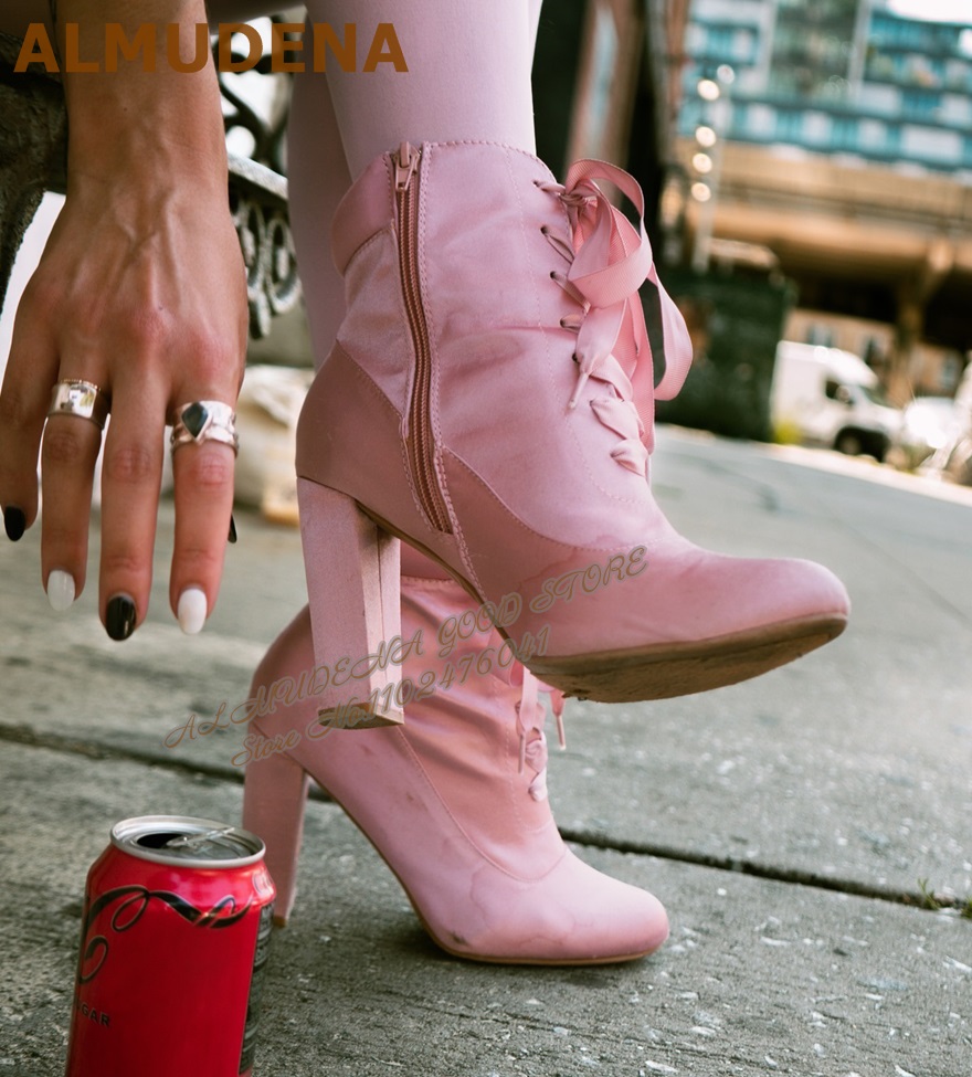 ALMUDENA Pink Satin Chunky Hee - Ribbon Tie Heel recension och pris