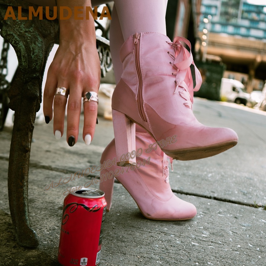 ALMUDENA Pink Satin Chunky Hee - Ribbon Tie Heel recension och pris