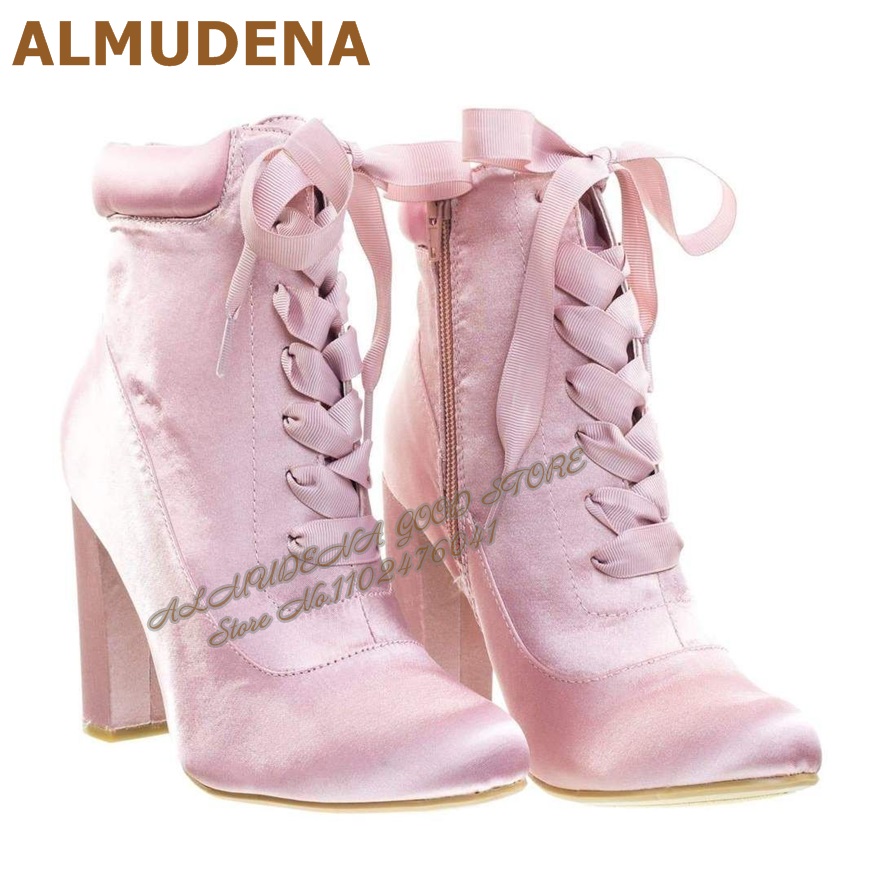 ALMUDENA Pink Satin Chunky Hee - Ribbon Tie Heel recension och pris