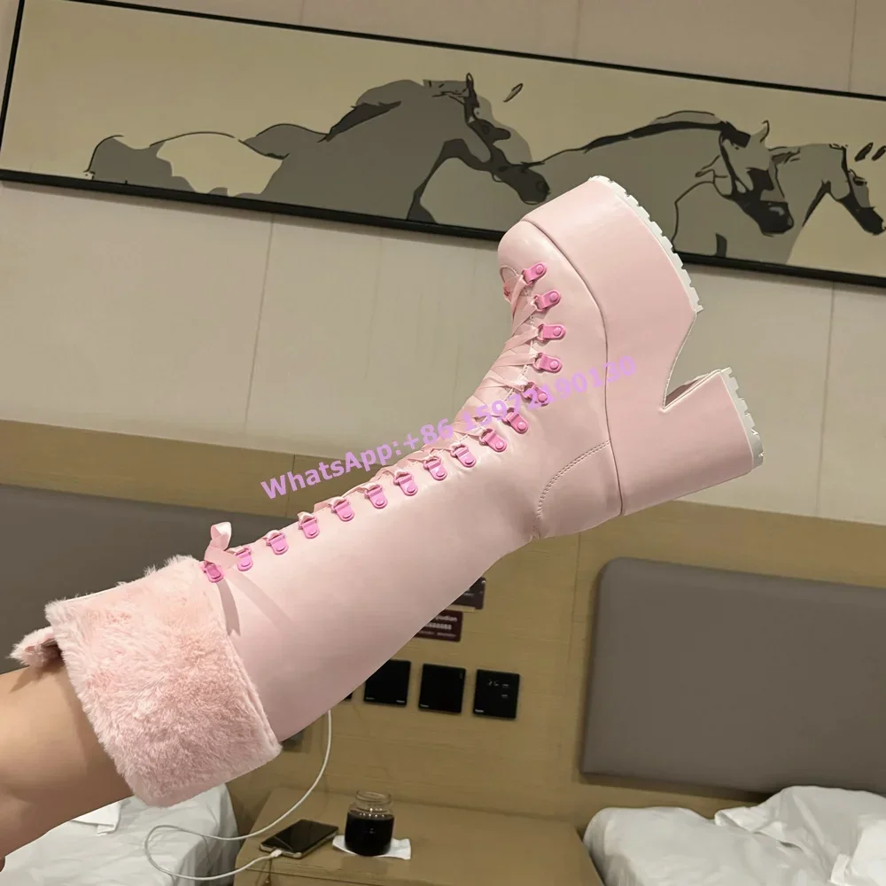 Pink Furry Boots Thick Soled L - Ribbon Tie Heel recension och pris